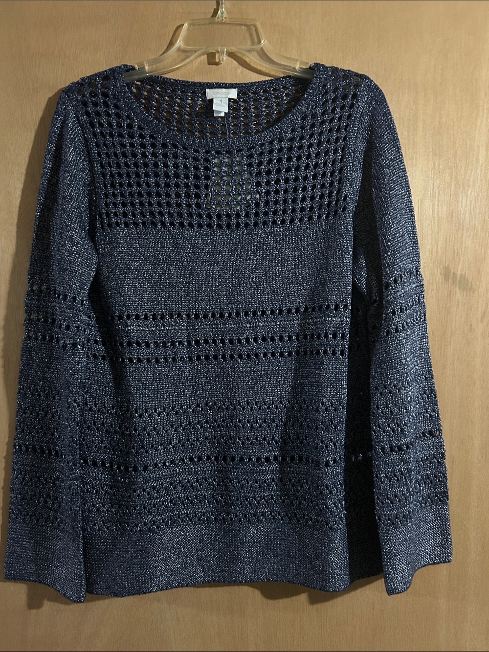 Chico’s Women’s Navy Open-Knit Crewneck Sweater